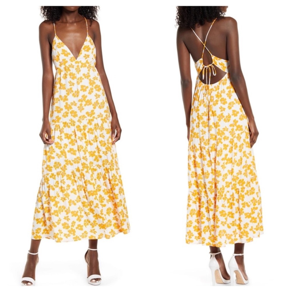 All in favor strappy tiered floral print maxi EUC